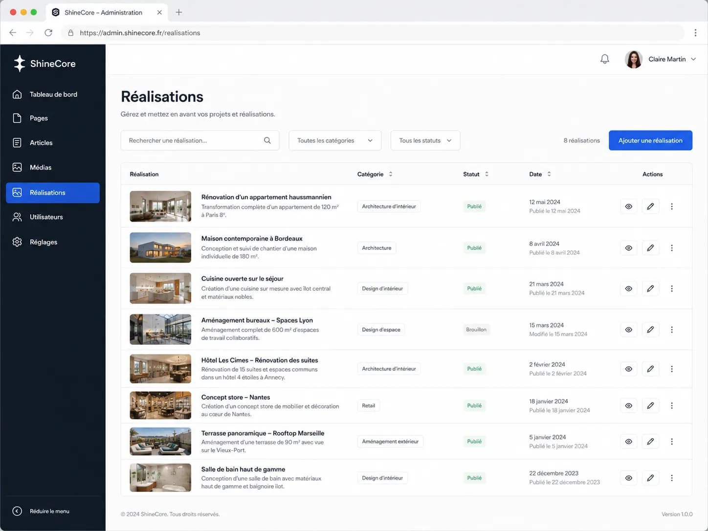 Liste des réalisations dans ShineCore avec titre, catégorie, statut et actions