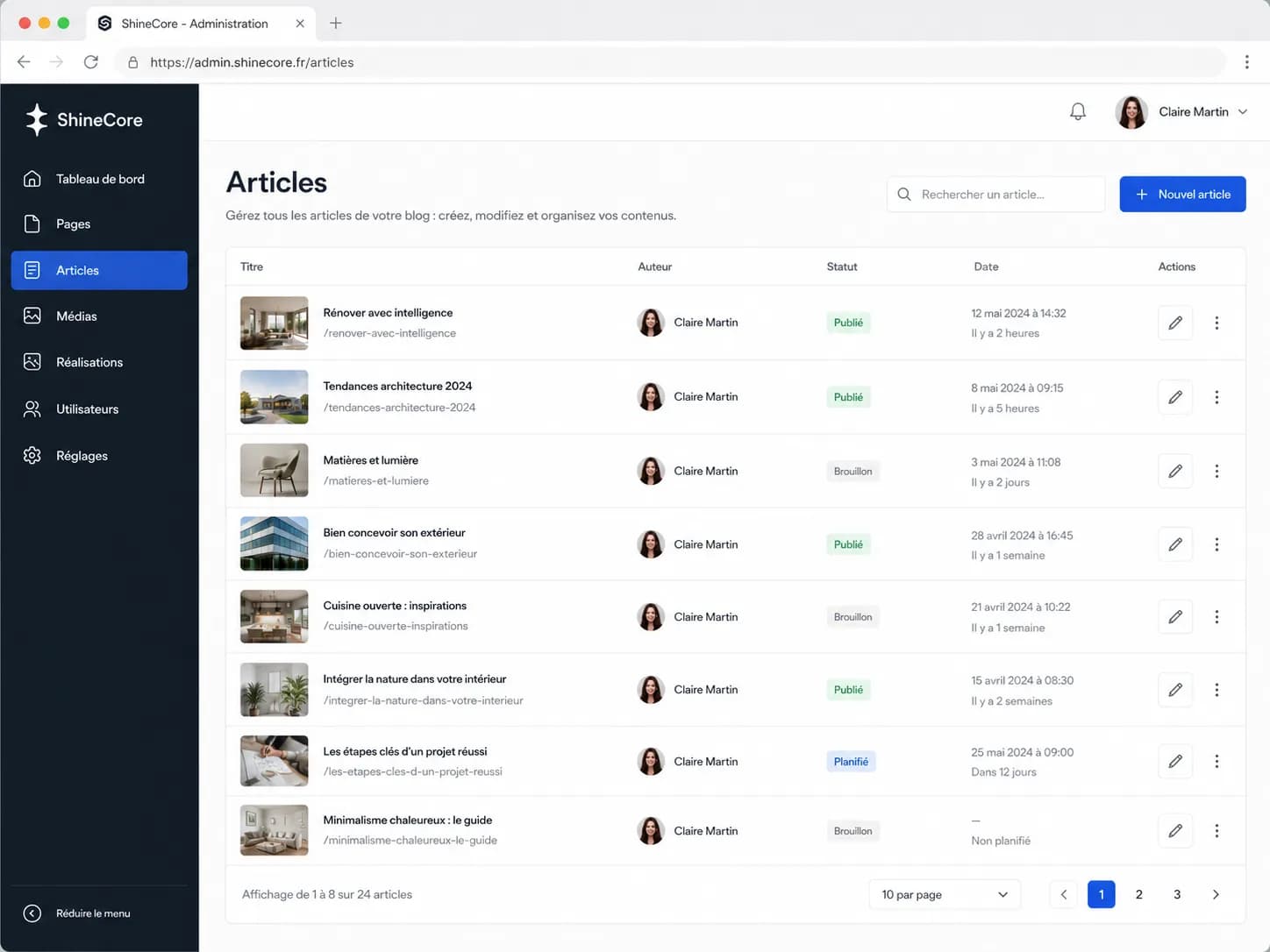 Liste des articles ShineCore avec leur auteur, statut et date