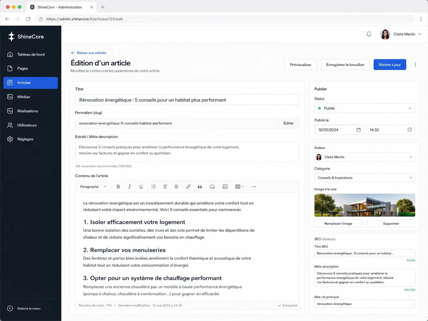 Édition d’un article avec texte, image, statut et informations SEO