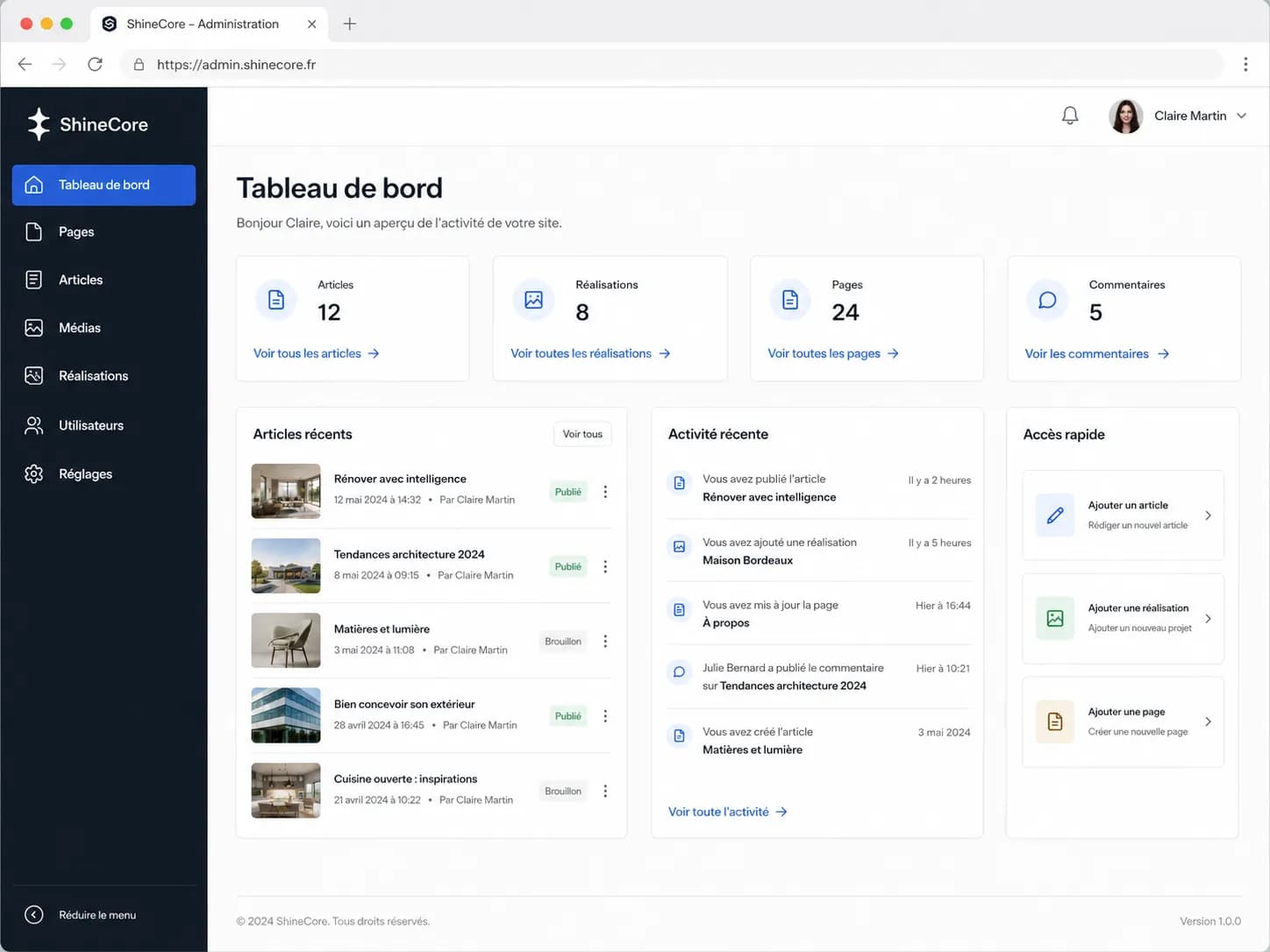 Tableau de bord ShineCore avec les articles, réalisations et accès rapides
