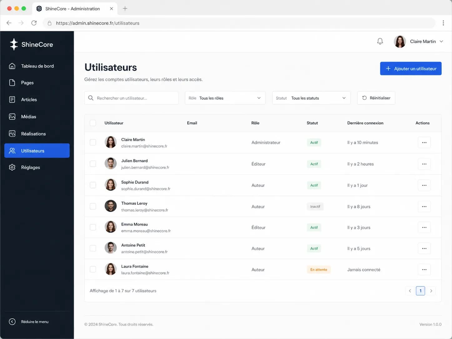 Liste des utilisateurs ShineCore avec email, rôle, statut et dernière connexion
